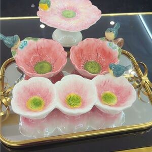 Pink Ceramic Flower Dish Set with Bird Accent